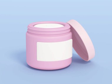 Mavi arka planda izole edilmiş çizgi film losyonu kavanozu. 3B illüstrasyon.