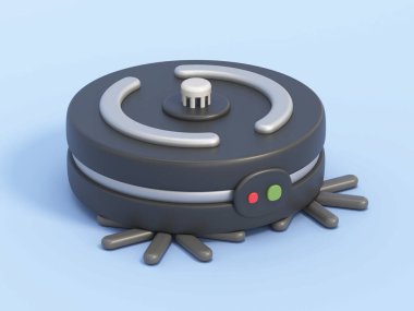 Mavi arka planda izole edilmiş robot süpürge çizgi filmi. 3B illüstrasyon.