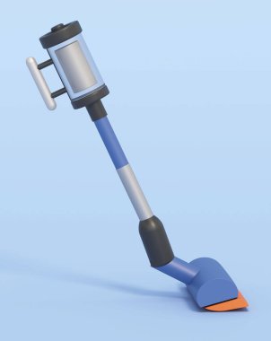 Mavi arka planda karikatür kablosuz elektrik süpürgesi var. 3B illüstrasyon.