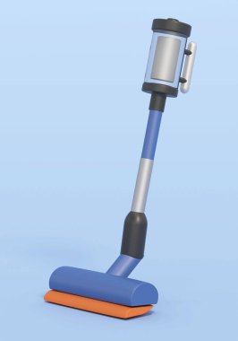 Mavi arka planda karikatür kablosuz elektrik süpürgesi var. 3B illüstrasyon.