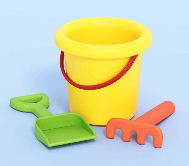 Çizgi film kovası, kürek ve tırmık mavi arka planda. 3B illüstrasyon.