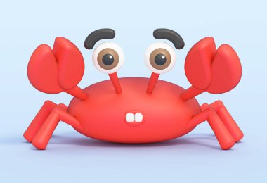 Çizgi film yengeci mavi arka planda izole edilmiş. 3B illüstrasyon.