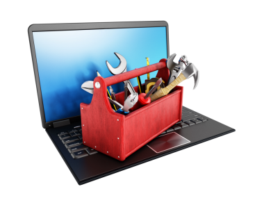 Beyaz arka plan üzerinde izole dizüstü bilgisayar üzerinde duran kırmızı araç kutusu