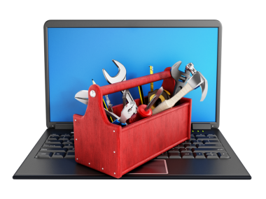 Beyaz arka plan üzerinde izole dizüstü bilgisayar üzerinde duran kırmızı araç kutusu