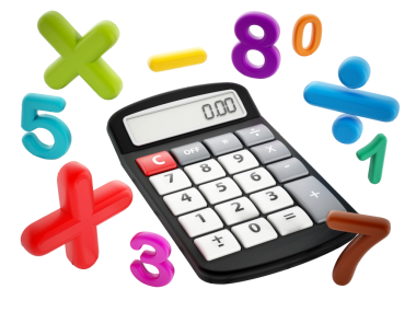 Hesap makinesi ve matematiksel semboller beyaz arka plan üzerinde izole. 3D çizim