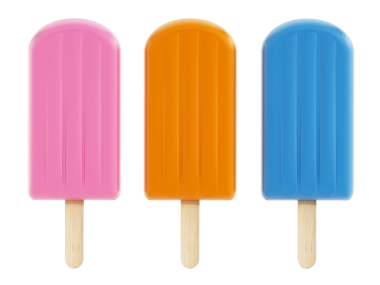 Pembe, turuncu ve mavi dondurmalar tahta sopa üzerinde. 3D çizim.