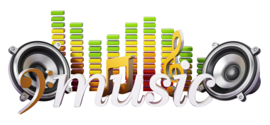 Metin hoparlörleri müzik notaları ve eşitleyici. 3B illüstrasyon.