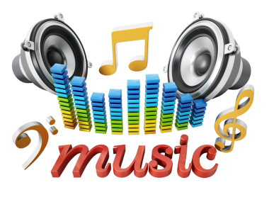 Metin hoparlörleri müzik notaları ve eşitleyici. 3B illüstrasyon.