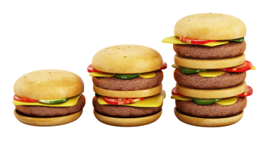 Tek, çift ve üçlü boy hamburger üst üste. 3D çizim.