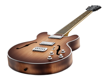 Gri arka planda duran klasik elektro gitar. 3B illüstrasyon.