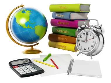 Küre, okul kitapları, çalar saat ve kalem sisolated beyaz arka plan üzerinde. 3D çizim.