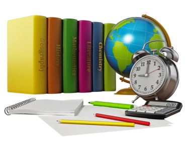 Küre, okul kitapları, çalar saat ve kalem sisolated beyaz arka plan üzerinde. 3D çizim.