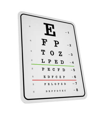 Göz testi tablosu beyaz arka plan üzerinde izole. 3D çizim.