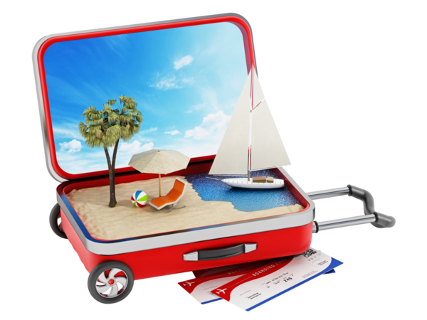 Tatil Adası yarım açık seyahat bavul içinde. 3D çizim.