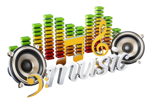 Metin hoparlörleri müzik notaları ve eşitleyici. 3B illüstrasyon.