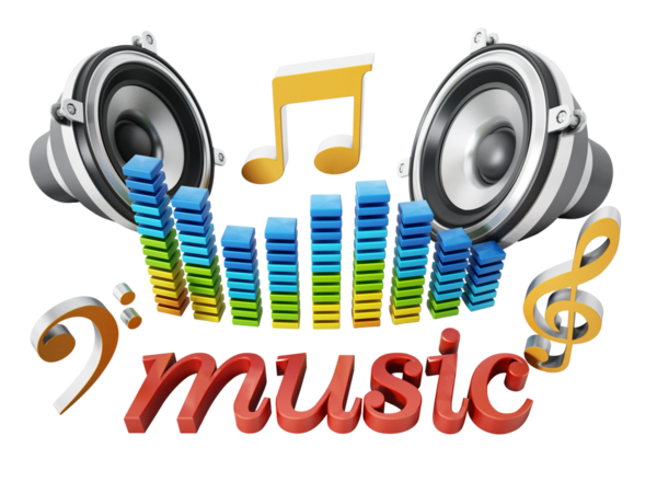 Metin hoparlörleri müzik notaları ve eşitleyici. 3B illüstrasyon.