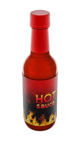 Acı biber sosu şişe kırmızı zemin üzerine izole. 3D çizim.