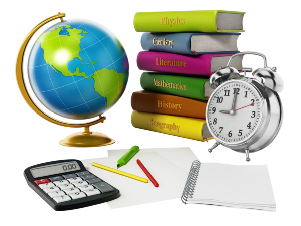 Küre, okul kitapları, çalar saat ve kalem sisolated beyaz arka plan üzerinde. 3D çizim.