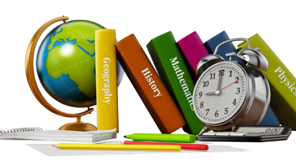 Küre, okul kitapları, çalar saat ve kalem sisolated beyaz arka plan üzerinde. 3D çizim.