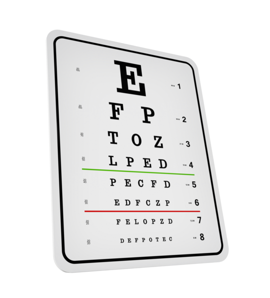 Göz testi tablosu beyaz arka plan üzerinde izole. 3D çizim.