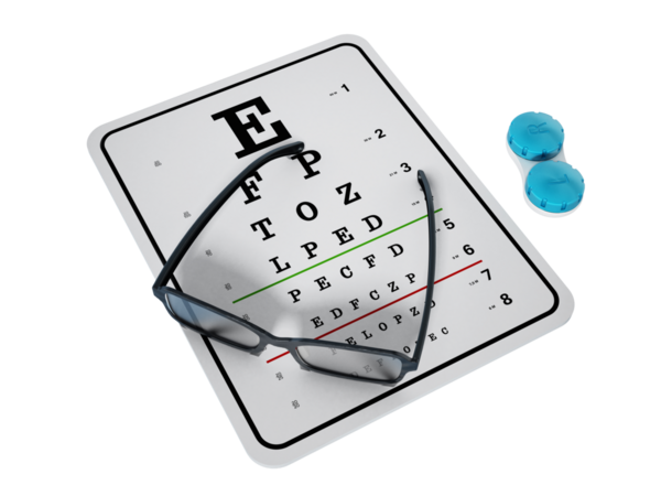 Göz testi tablosu ve gözlük. 3D çizim.