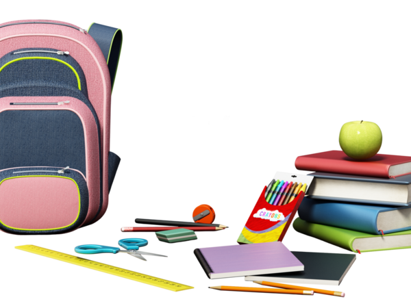 Okul sırt çantası ve nesneleri masanın üzerine dağılmış. 3D çizim.