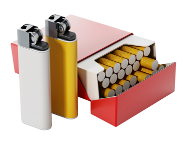 Sigara kutusu ve beyaz arka plan üzerinde izole çakmak. 3D çizim.