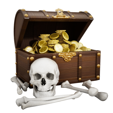 Göğüs altın, kafatası ve kemik dolu. 3D çizim.