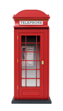 Kırmızı İngiliz telefon kulübesi beyaz arka plan üzerinde izole. 3D çizim.