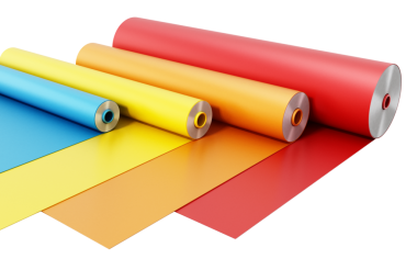 Beyaz arka plan üzerinde izole canlı renkli yapışkanlı filmler. 3D çizim.