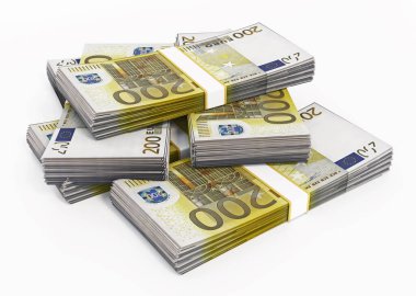200 Euro 'luk banknotlar beyaza izole edilmiş. 3B illüstrasyon.