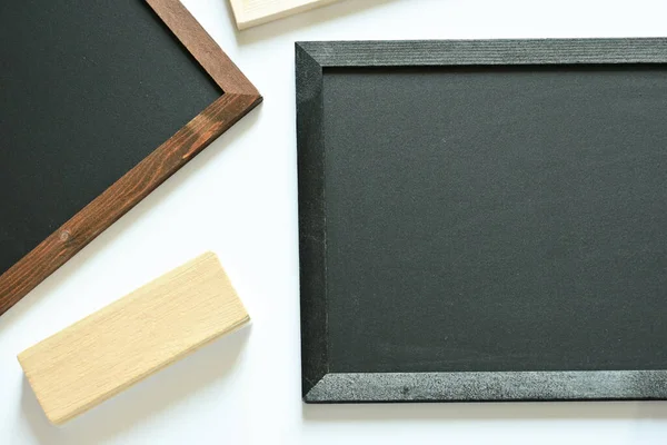Blank Clean New Chalkboard Wooden Frame Eraser Brush Isolated White — ストック写真