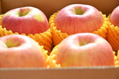 beautiful pink apple in yellow wrap bubble, healthy fruit in the box