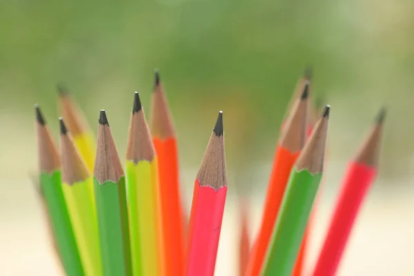 Group Colourful Sharp Pencil Blur Green Nature Background Bokeh — Stock Photo, Image