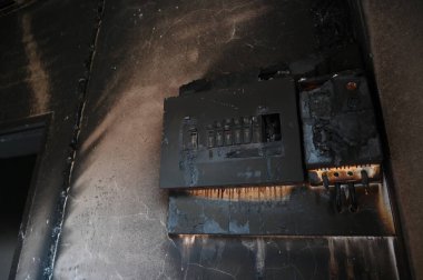 switchboard electricty burn on brick wall texture background