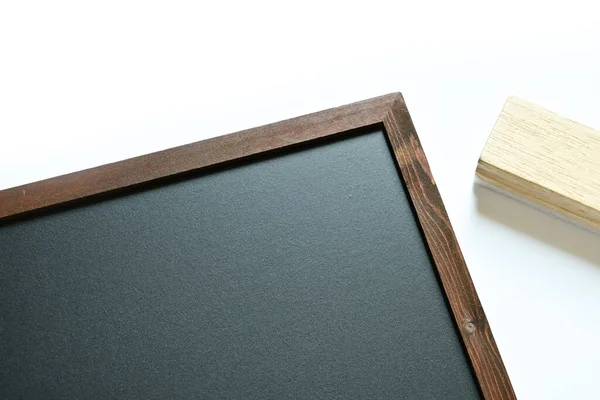Blank Clean New Chalkboard Wooden Frame Eraser Brush Isolated White — Stockfoto