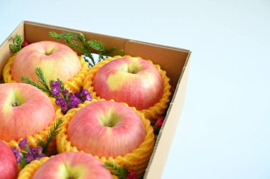 beautiful pink apple in the box on light blue background