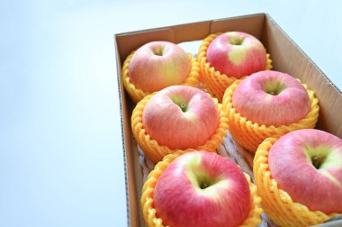 beautiful pink apple in the box on blue background