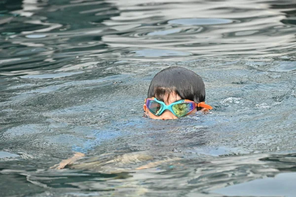 Szczęście Mały Chłopiec Pływanie Basenie Lato — Zdjęcie stockowe