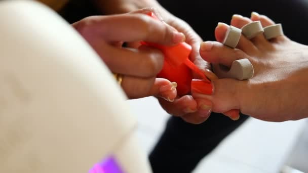 美容院的美容师用刷子和工具制作指甲 — 图库视频影像