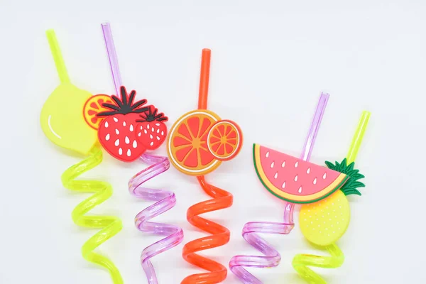 Close Colorful Fruit Drinking Staws White Background — Stock Photo, Image