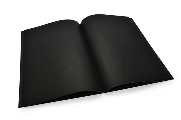 Bianco Aperto Notebook Nero Isolato Sfondo Bianco Texture Carta Artigianale — Foto Stock