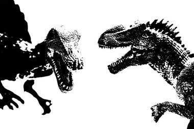 Beyaz arka planda izole edilmiş dinozor silueti, spinosaurus ve giganotosaurus oyuncakları modeli