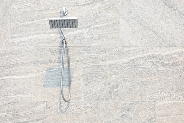 Chrome Shower Head Grey Marble Wall Sunny Day — Stock Photo, Image
