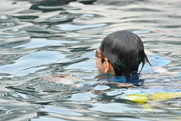 Happiness Little Boy Swimming Pool Summertime — Stock Photo, Image