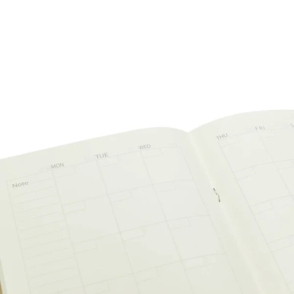Imagem Vista Superior Notebook Planejador Aberto Com Página Branco Papel — Fotografia de Stock