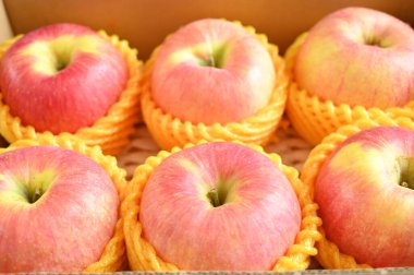 beautiful pink apple in yellow wrap bubble, healthy fruit in the box