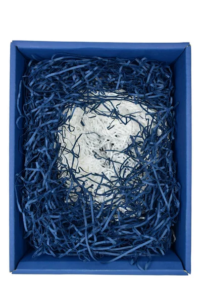 Blue White Paper Filler Carton Cardboard Box Isolated White Background — Stock Photo, Image