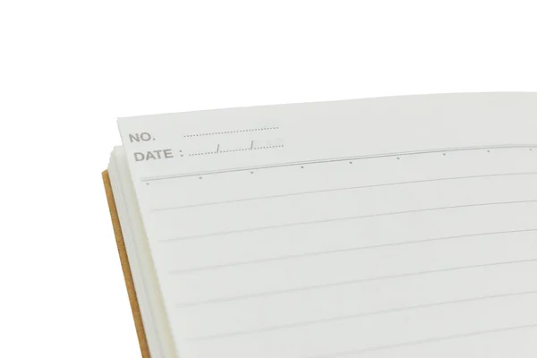 Notebook Aberto Branco Com Papel Forrado Isolado Fundo Branco — Fotografia de Stock