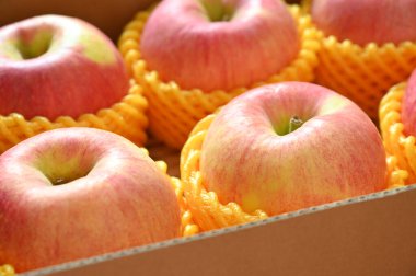 beautiful pink apple in yellow wrap bubble, healthy fruit in the box